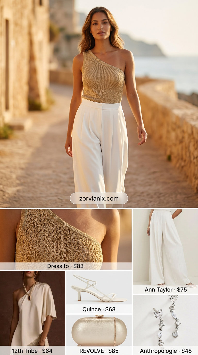 Gold metallic one-shoulder knit top with white palazzo pants for glamorous summer nights 2026.