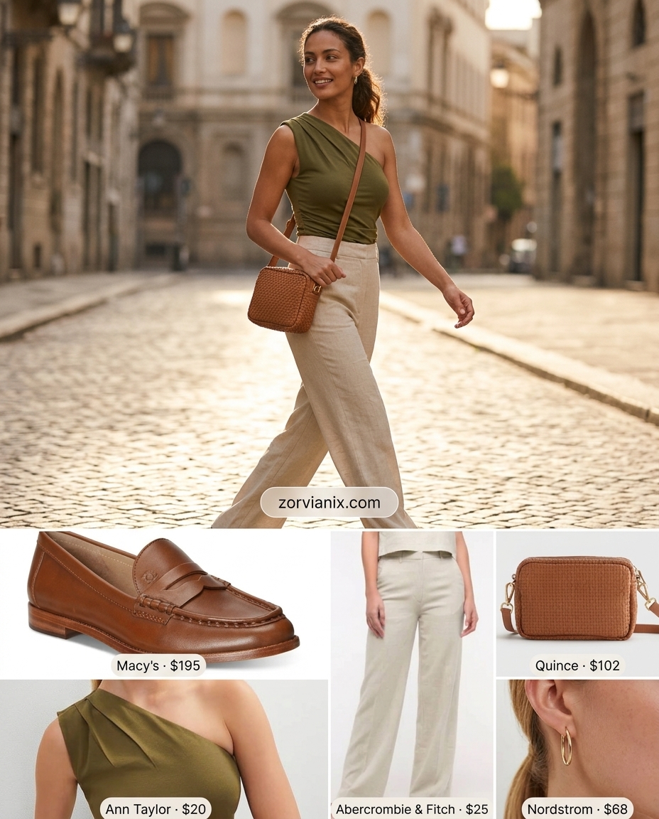 Olive green one-shoulder sweater top with beige wide-leg trousers for chic city outfits 2026.