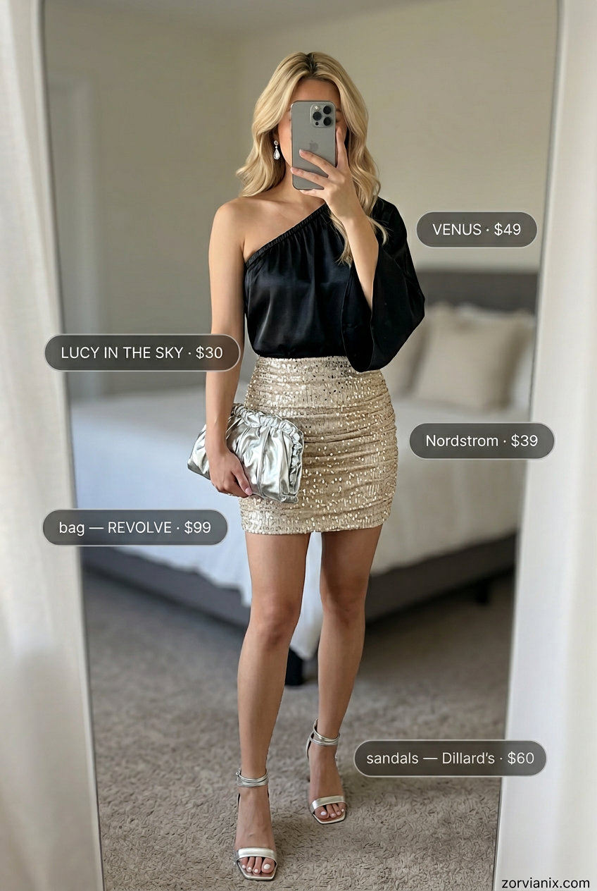 Glamorous summer One Shoulder Neck outfits for women 2026: Silver sequin dress, crystal earrings, metallic clutch.