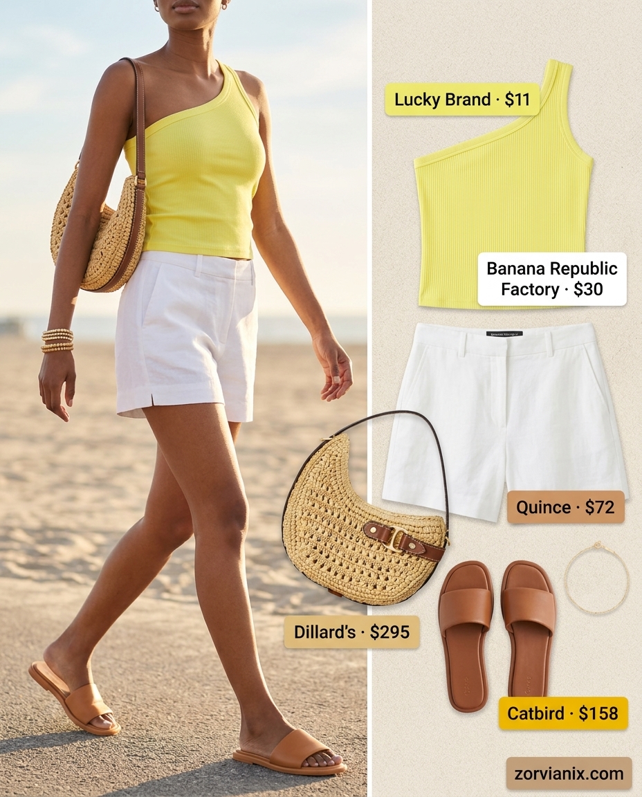 Bright yellow one-shoulder tank with white linen shorts for a cheerful summer outfit 2026.