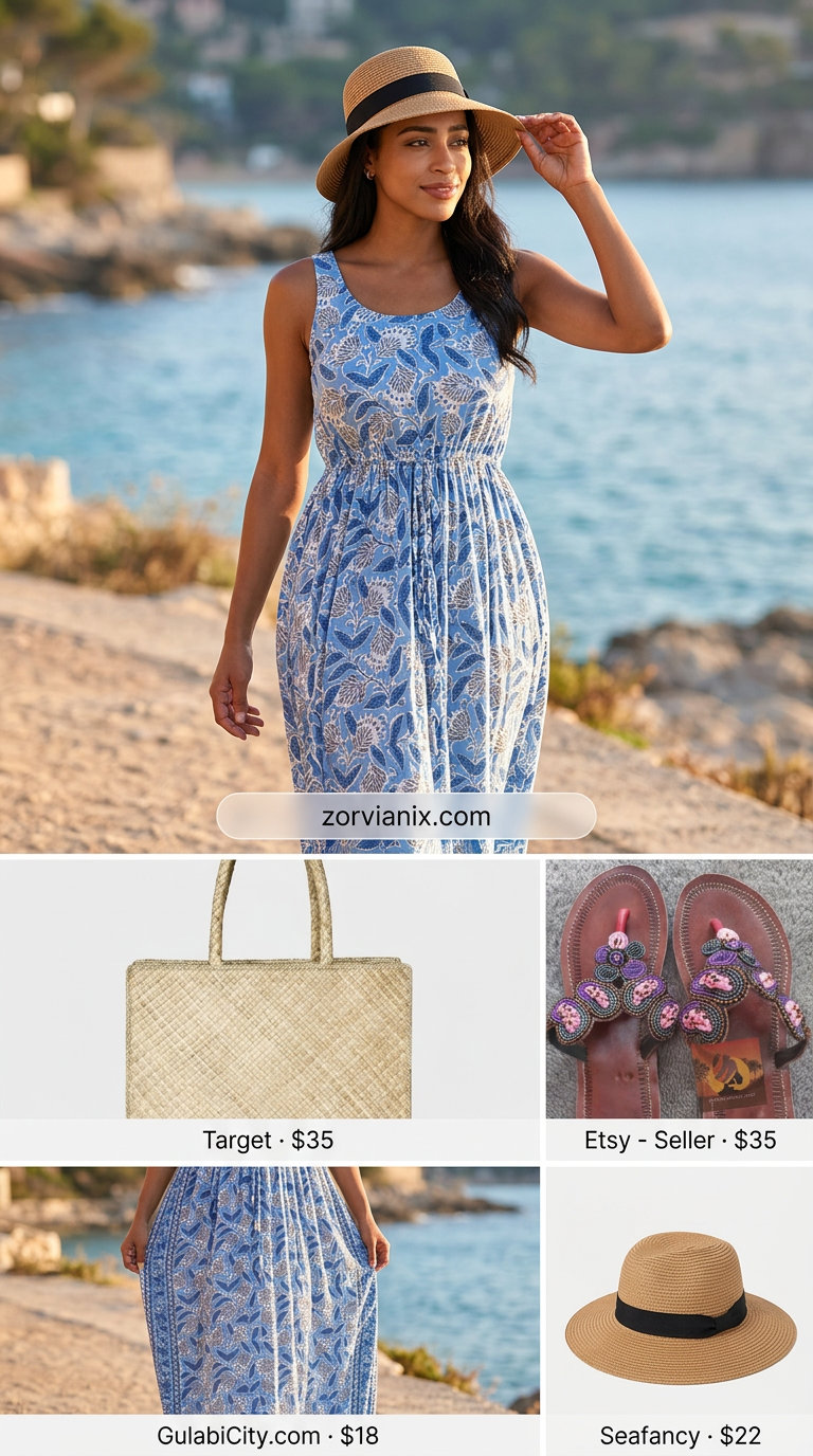 Blue & white caftan for pear shape summer outfits 2026. Relaxed for beach vacations & poolside.