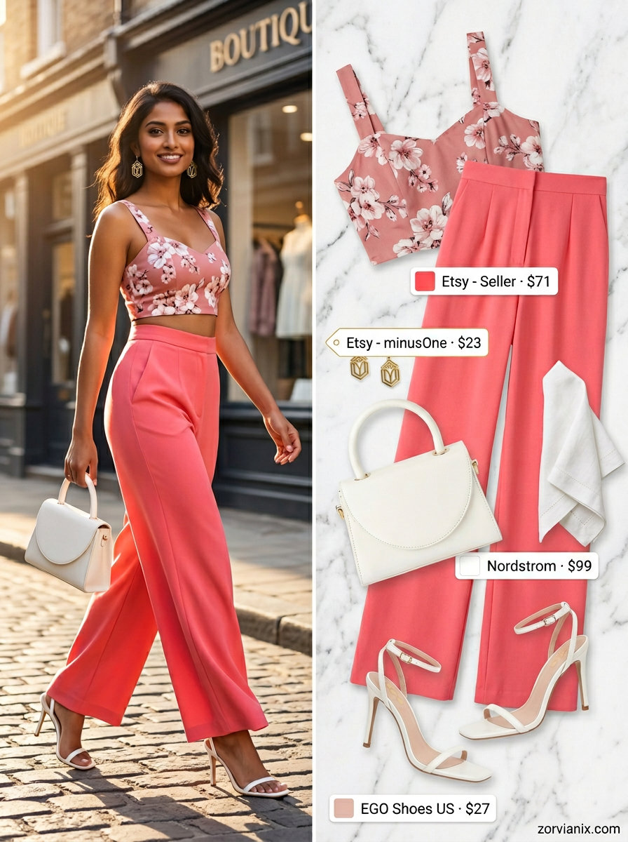 Coral pink palazzo pants set for pear shape summer outfits 2026. Polished for evening events.
