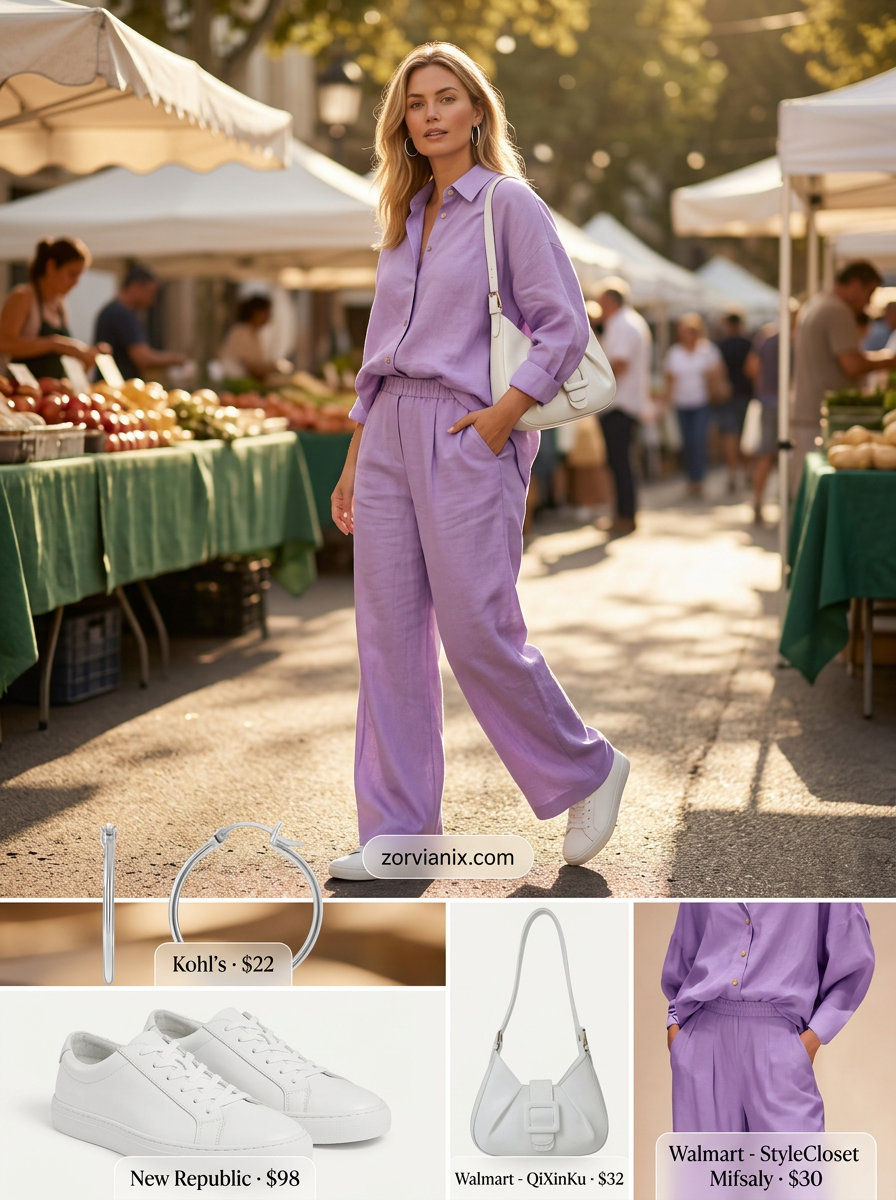 Lilac linen co-ord set for pear shape summer outfits 2026. Relaxed yet sophisticated for travel & brunch.