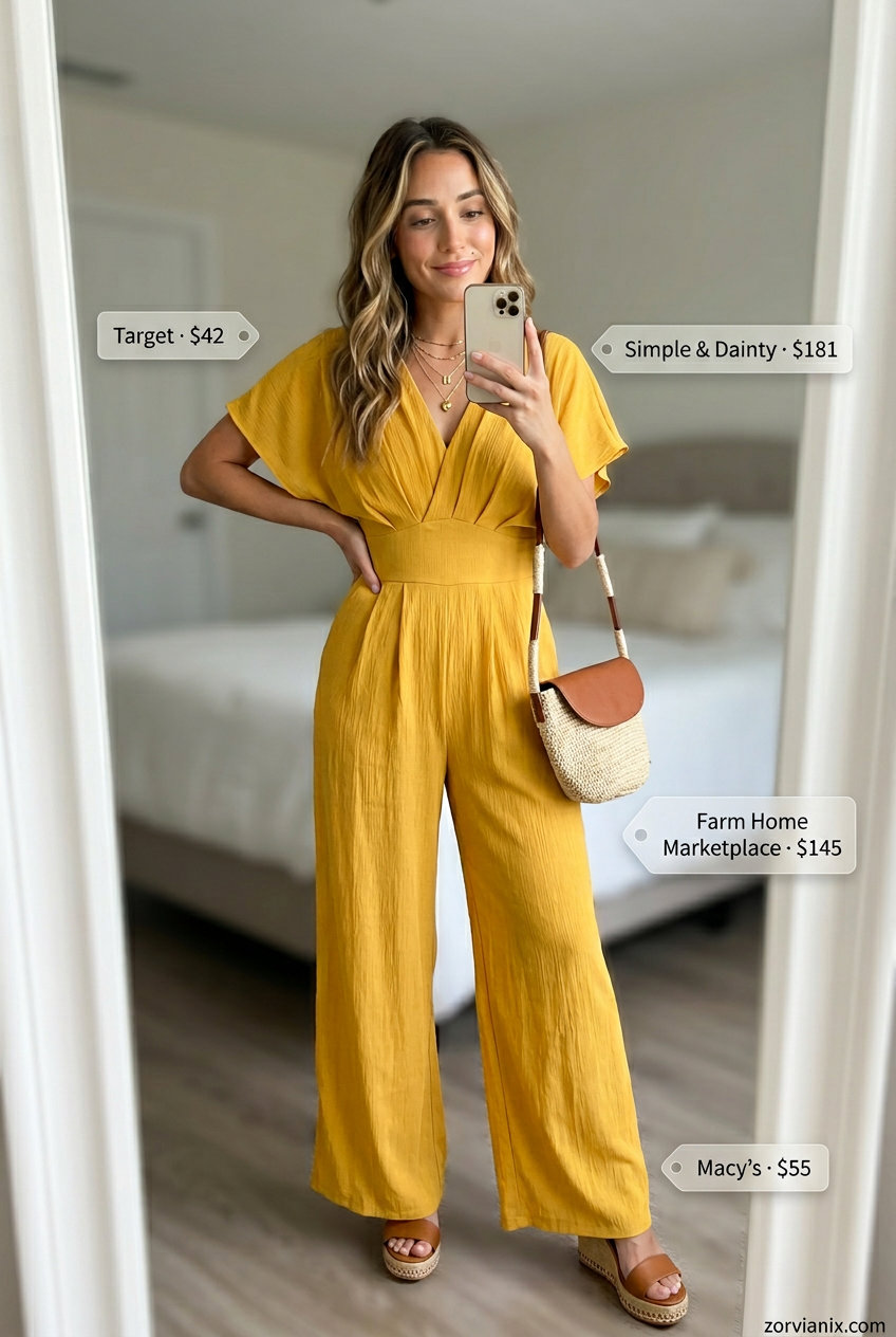Mustard yellow wide-leg romper for pear shape summer outfits 2026. Chic for day events & casual dinners.