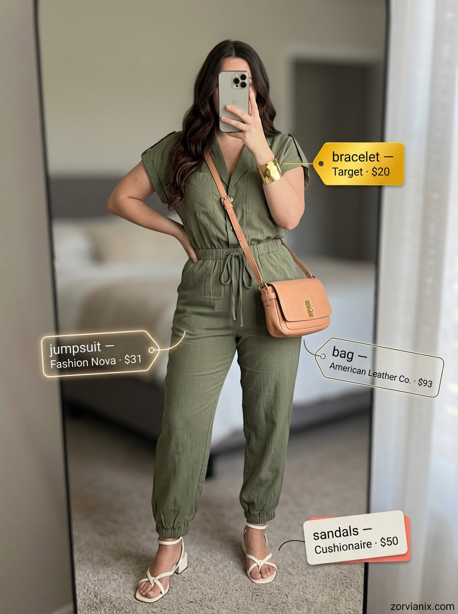 Olive green utility jumpsuit for pear shape summer outfits 2026. Practical & chic for casual days.
