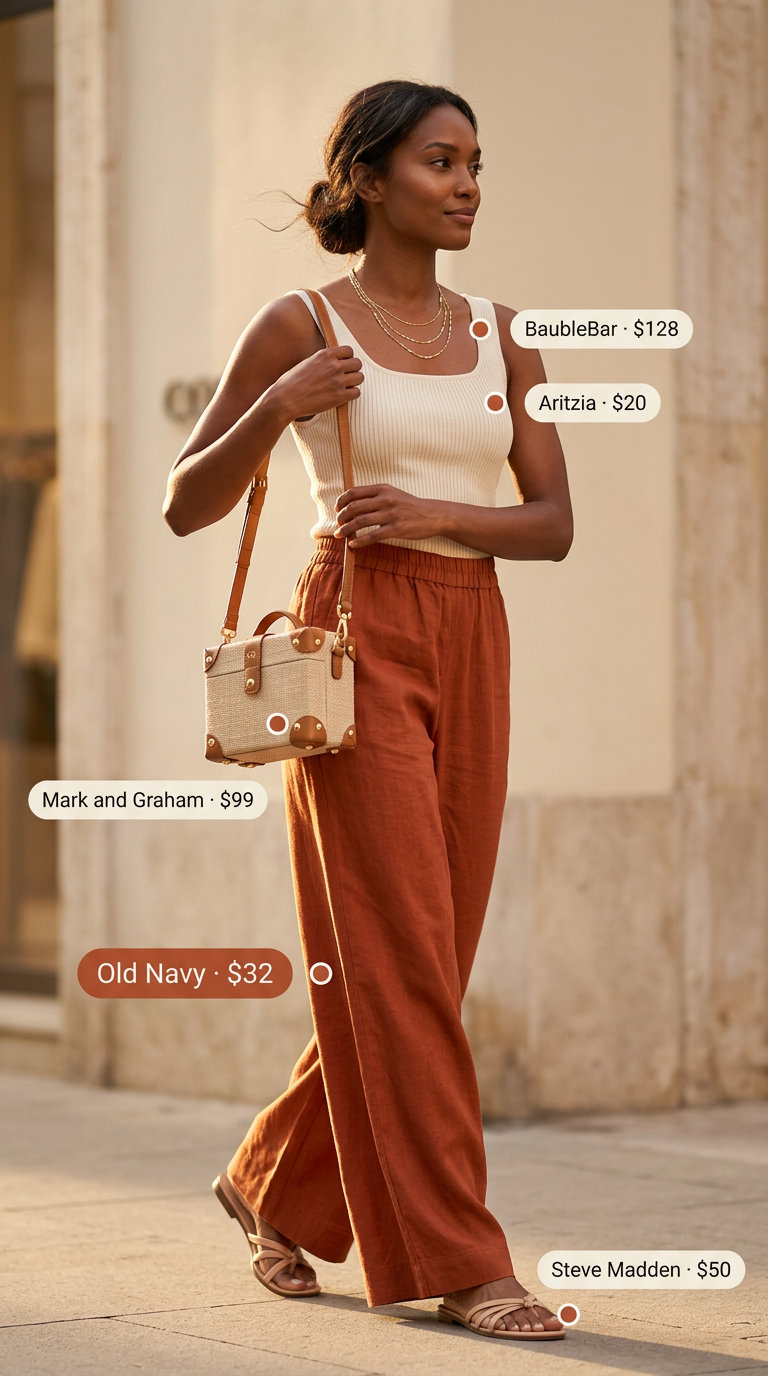 Terracotta linen pants set for pear shape summer outfits 2026. Relaxed for vacation & brunch.