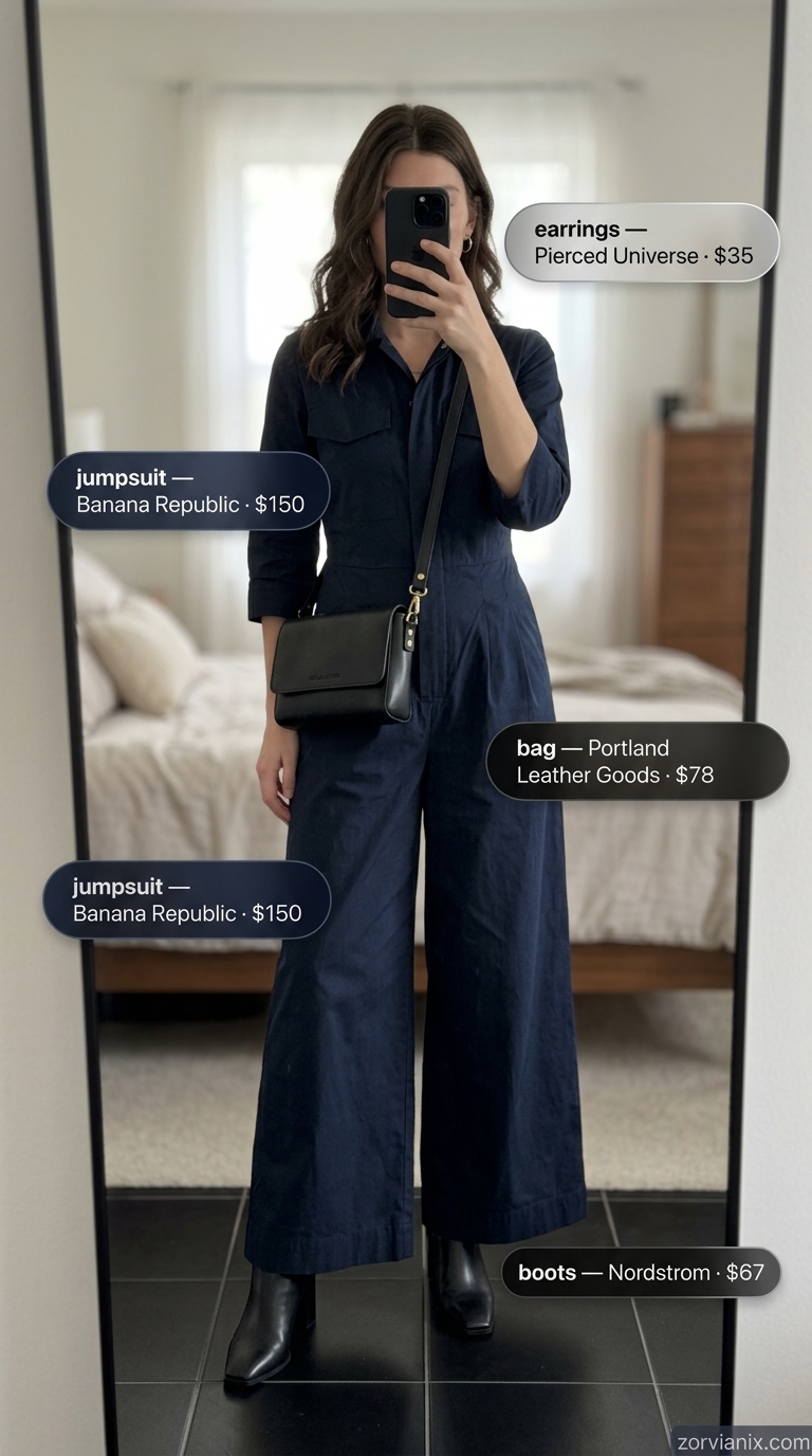 Polished summer outfits with boots for women 2026: Navy utility jumpsuit and sleek black ankle boots for a chic day out.