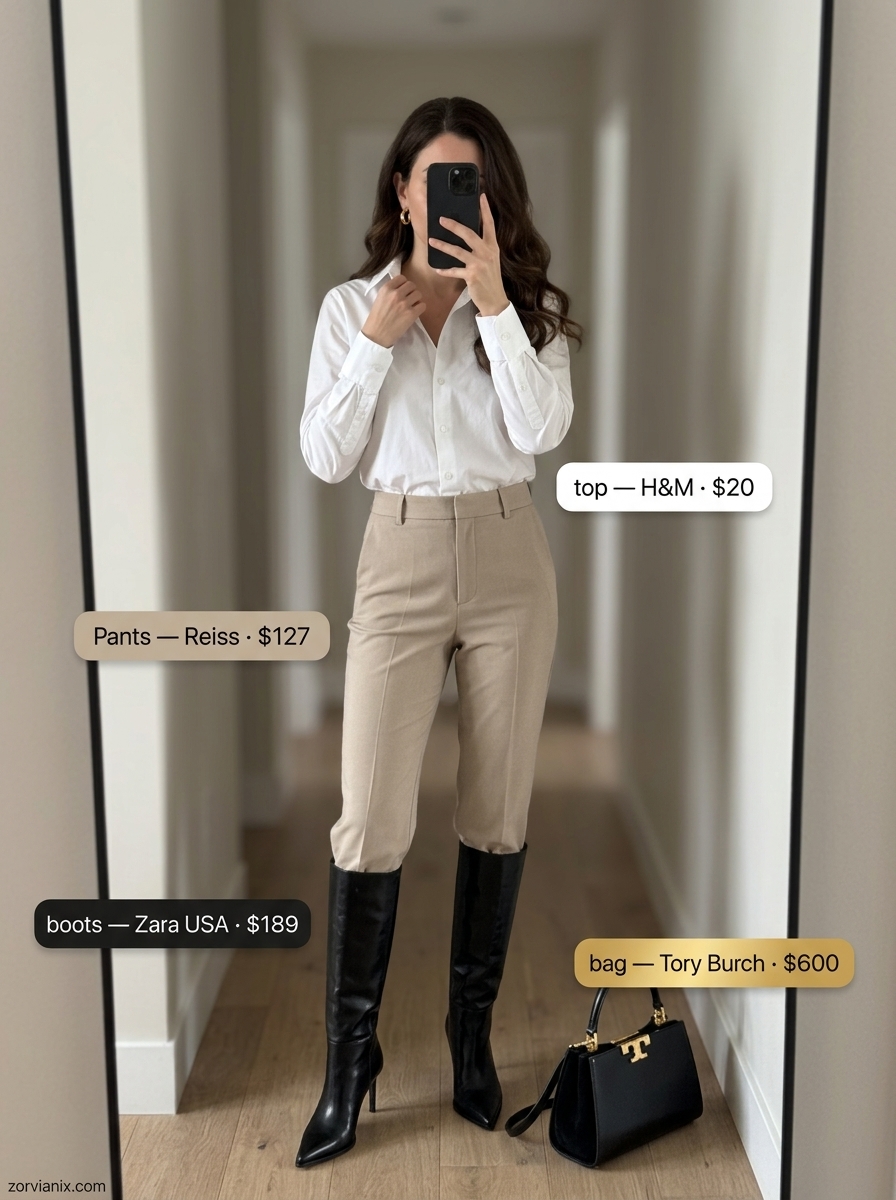 Sophisticated summer outfits with boots for women 2026: Tailored trousers, white shirt, and black heeled boots.