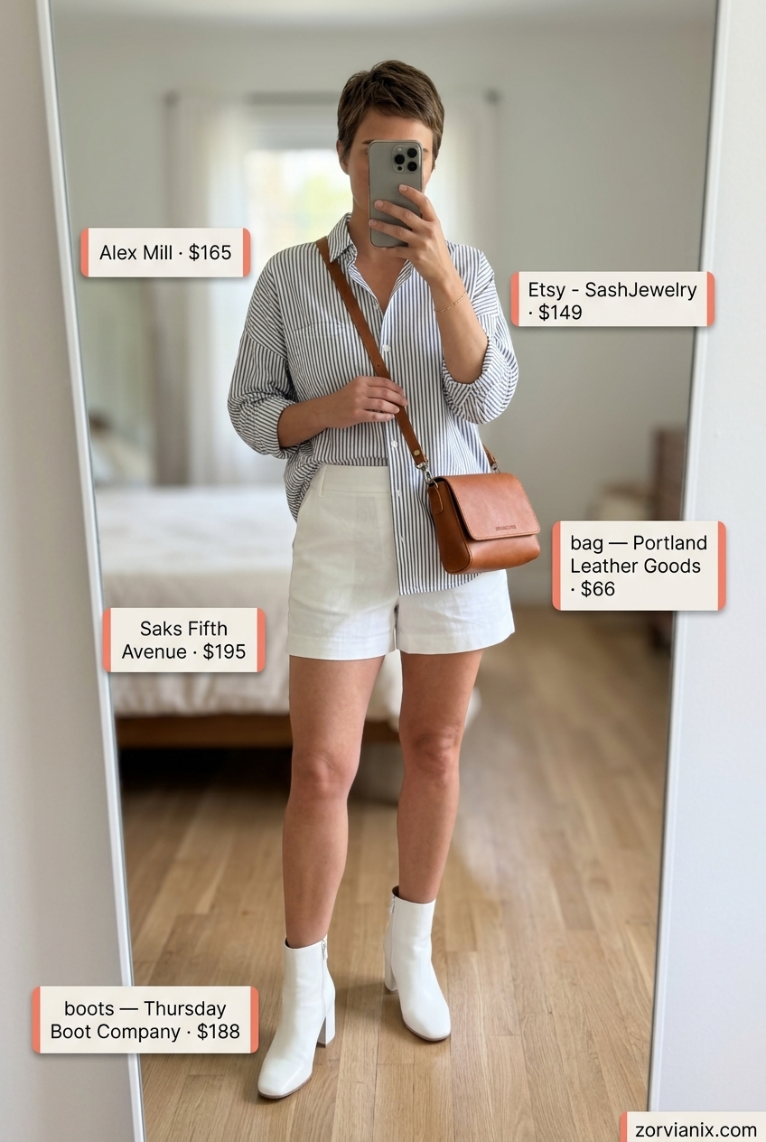 Coastal Cowgirl outfit: white shorts, navy stripe shirt, tan boots. Summer outfits with boots for women 2026.