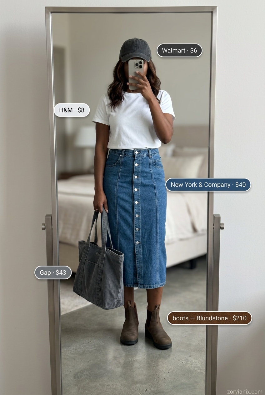 Denim Daydream outfit: denim midi skirt, white tee, black cap. Summer outfits with boots for women 2026.