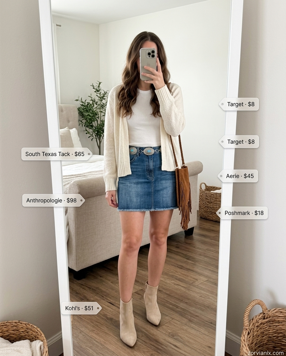 Desert Rose Boots outfit: denim mini skirt, white tank, tan suede boots. Summer outfits with boots for women 2026.