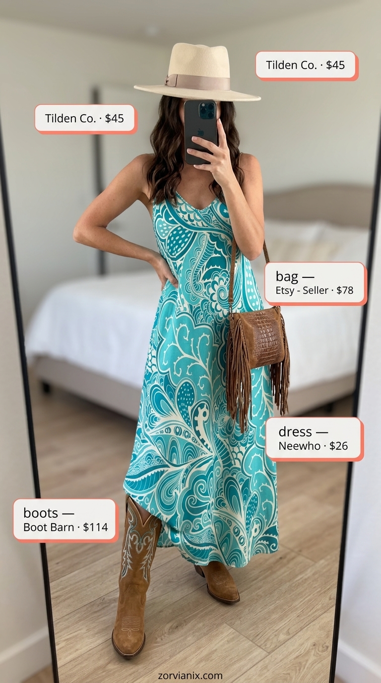 Festival Fringe Boots outfit: abstract print maxi dress, brown cowboy boots. Summer outfits with boots for women 2026.