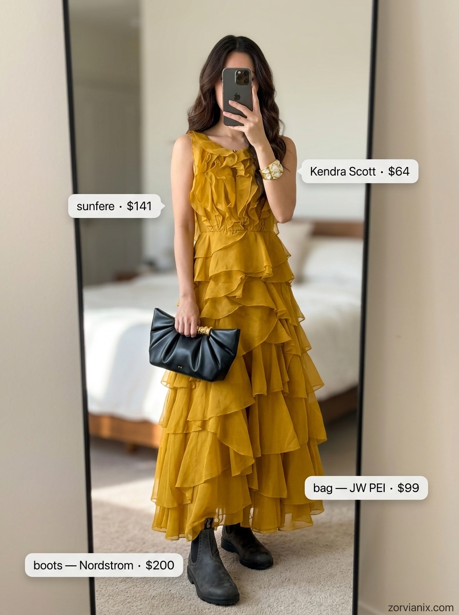 Elegant summer outfits with boots for women 2026: Mustard maxi dress, gold bracelet, clutch for evening events.