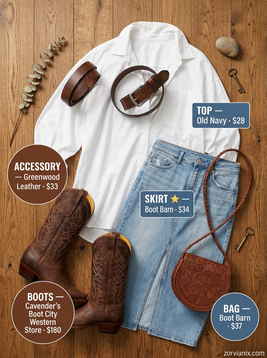 Modern Western Chic: denim midi skirt, white shirt, cowboy boots. Summer outfits with boots for women 2026.