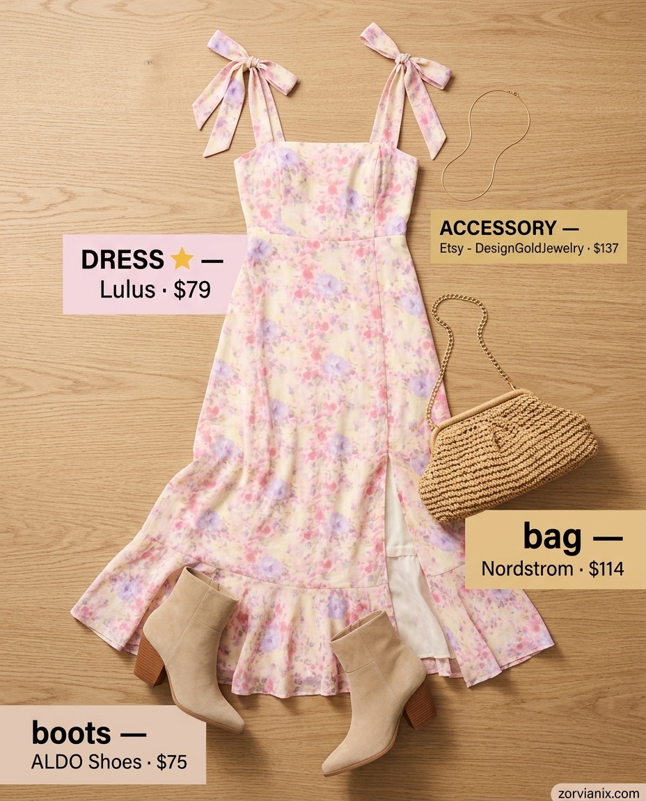 Romantic summer outfits with boots for women 2026: Floral midi dress, suede ankle boots, and gold necklaces.