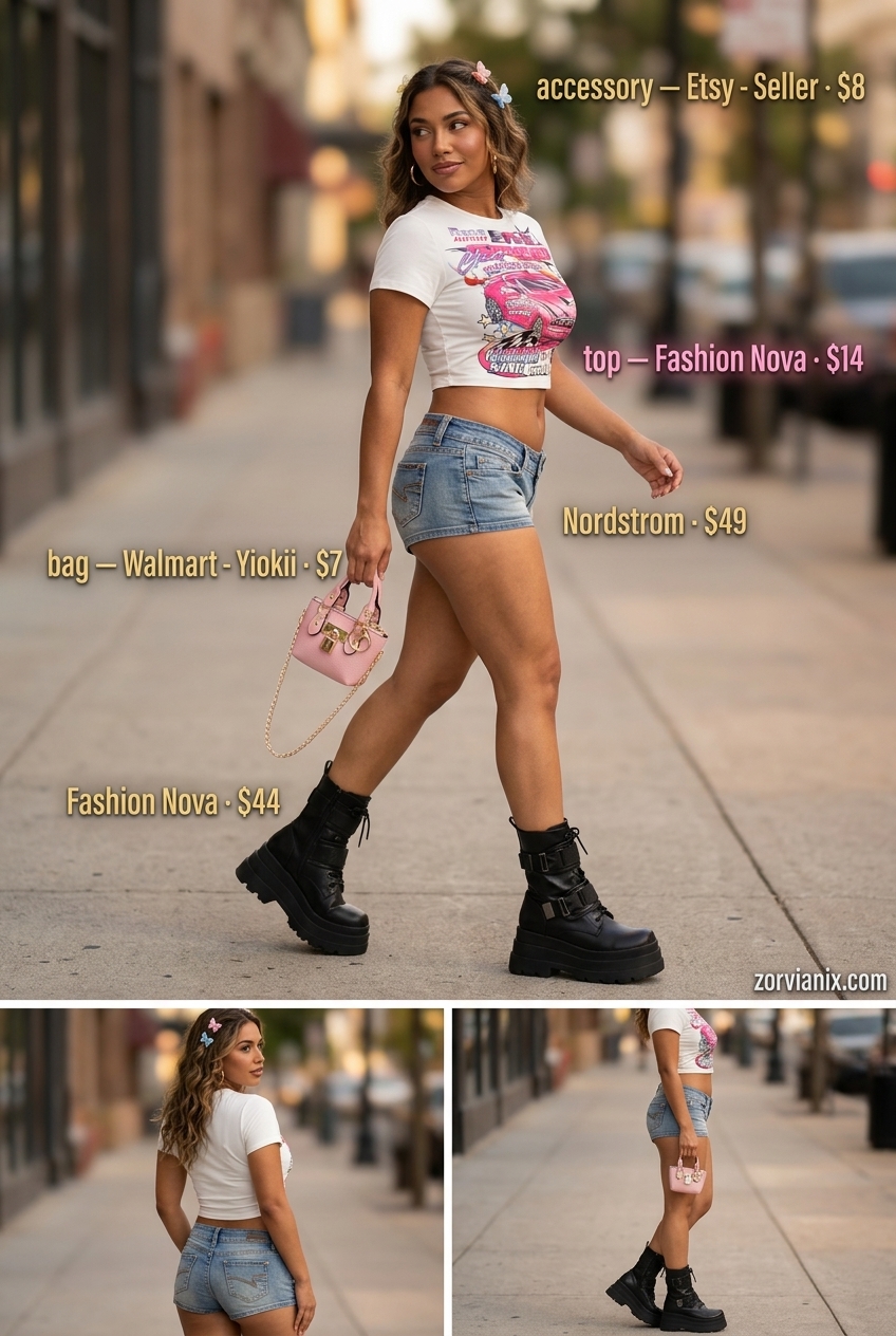 Playful summer outfits with boots for women 2026: Denim shorts, graphic tee, and chunky combat boots.