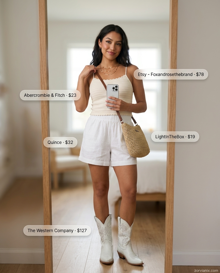 Seaside Serenade outfit: white linen shorts, crochet top, white cowboy boots. Summer outfits with boots for women 2026.
