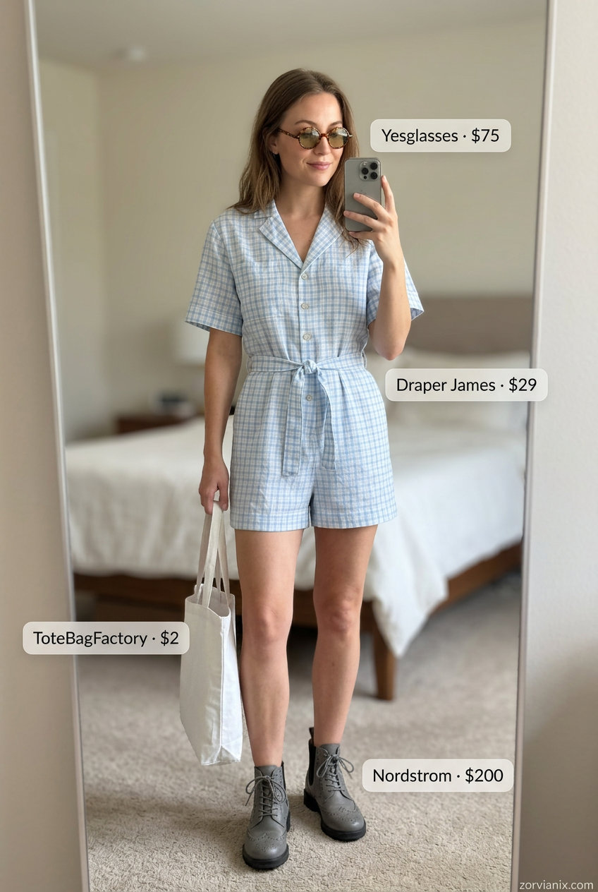 Relaxed summer outfits with boots for women 2026: Light blue romper, canvas tote for casual daytime fun.