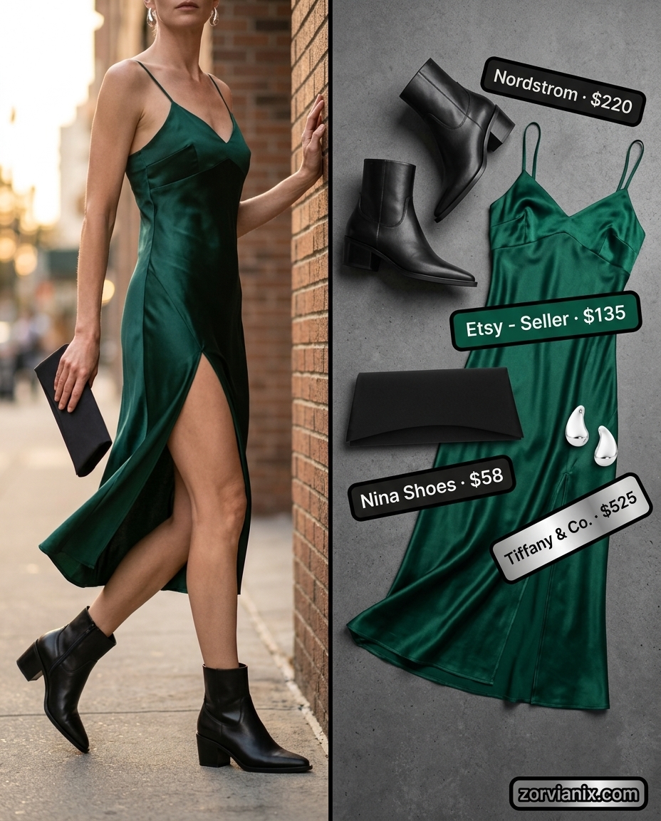 Summer evening outfit: emerald green dress, black heeled boots, silver clutch. Summer outfits with boots for women 2026.