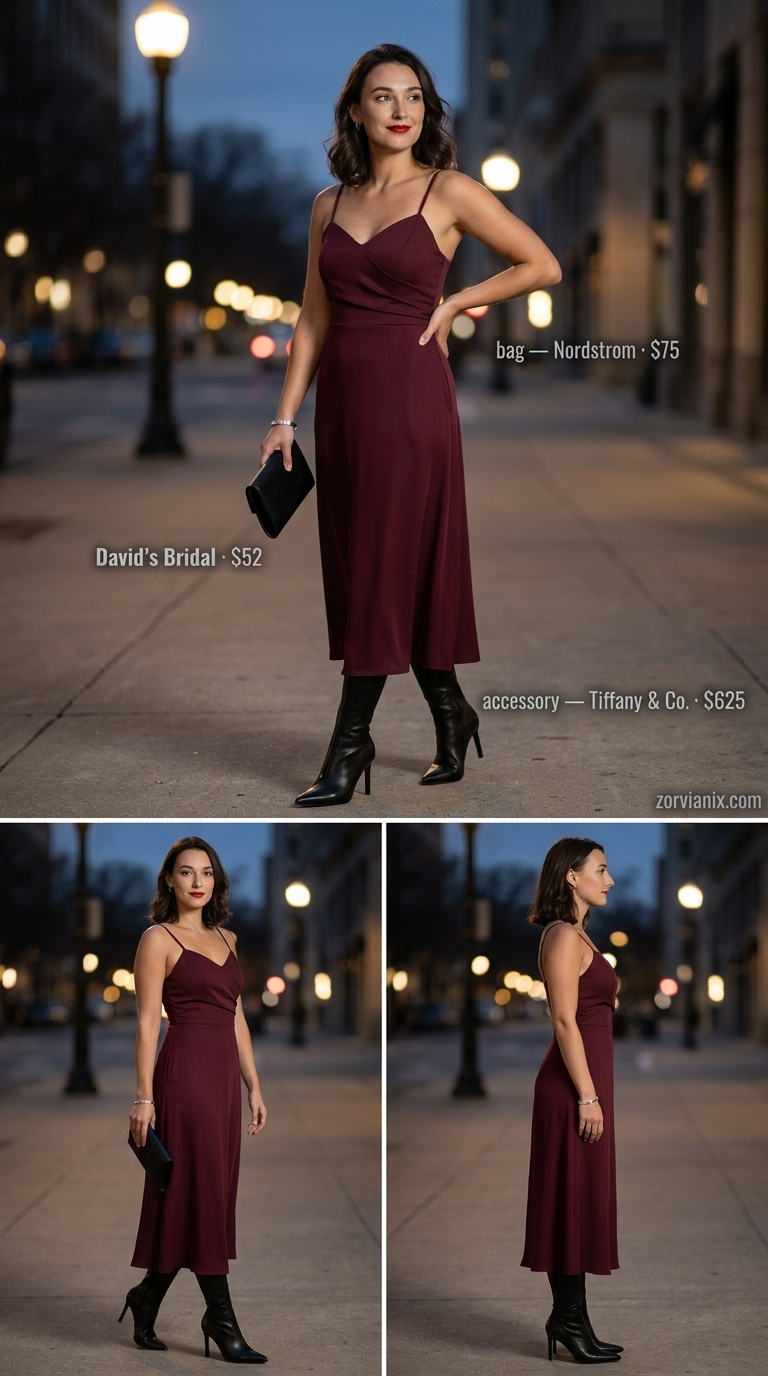 Summer night out outfit: deep red slip dress, black ankle boots, silver jewelry. Summer outfits with boots for women 2026.