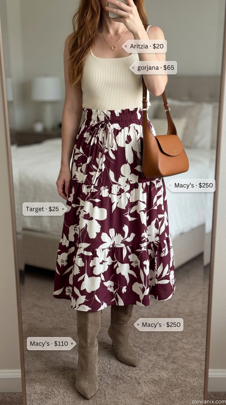 Sunset Equestrian Chic: floral skirt, cream tank, tan knee-high boots. Summer outfits with boots for women 2026.