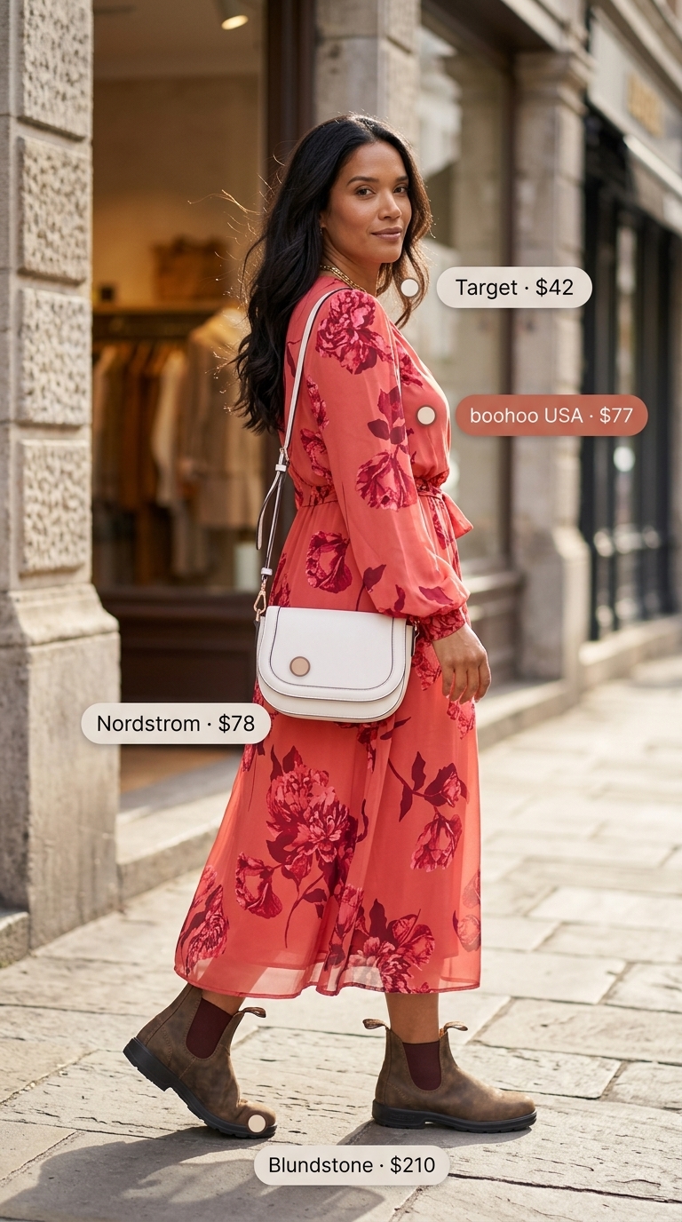 Summer outfits with boots for women 2026: Coral floral midi wrap dress with gold necklaces and crossbody bag.
