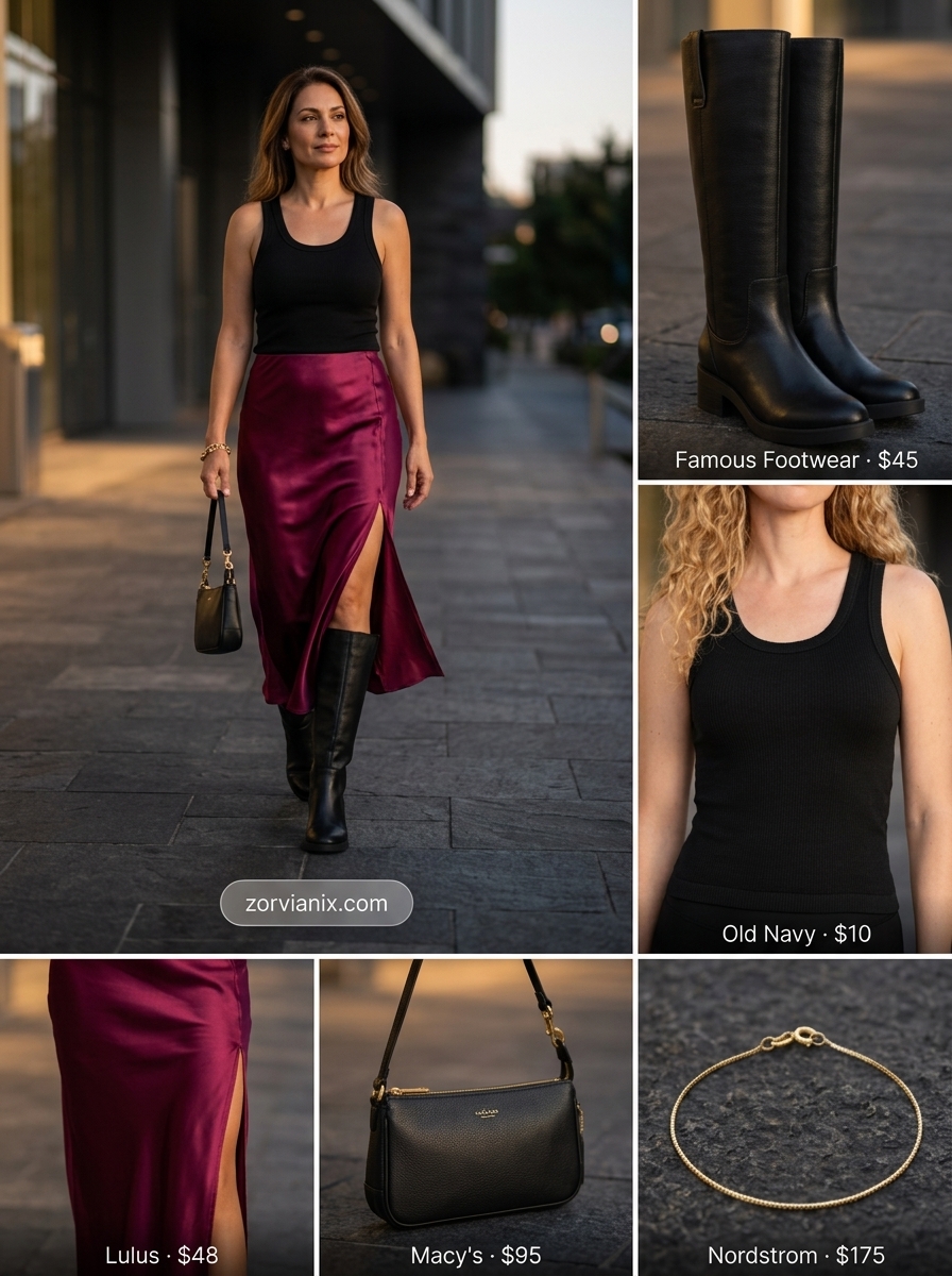 Sophisticated summer outfits with boots for women 2026: Burgundy slip skirt, black tank, gold jewelry for evening.