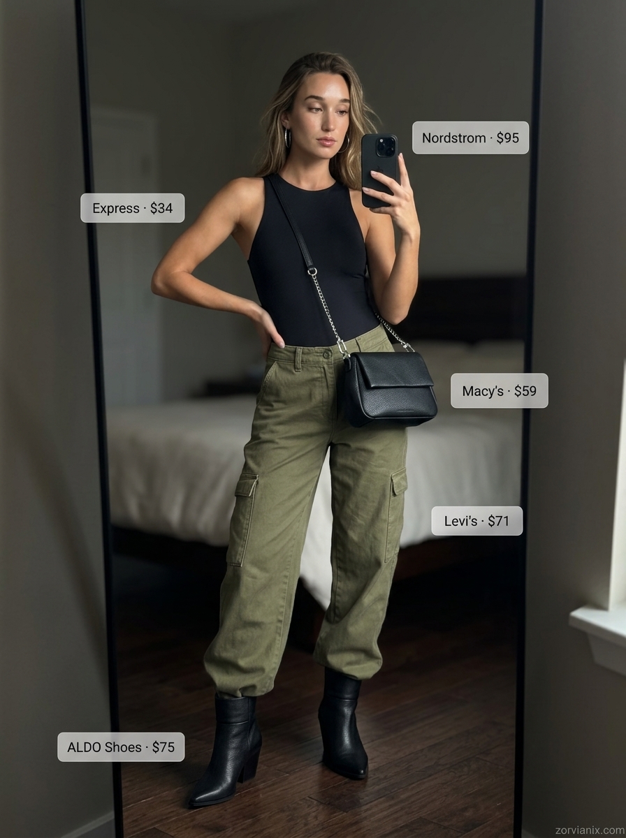 Modern summer outfits with boots for women 2026: Olive cargo pants, black bodysuit, leather boots for city style.