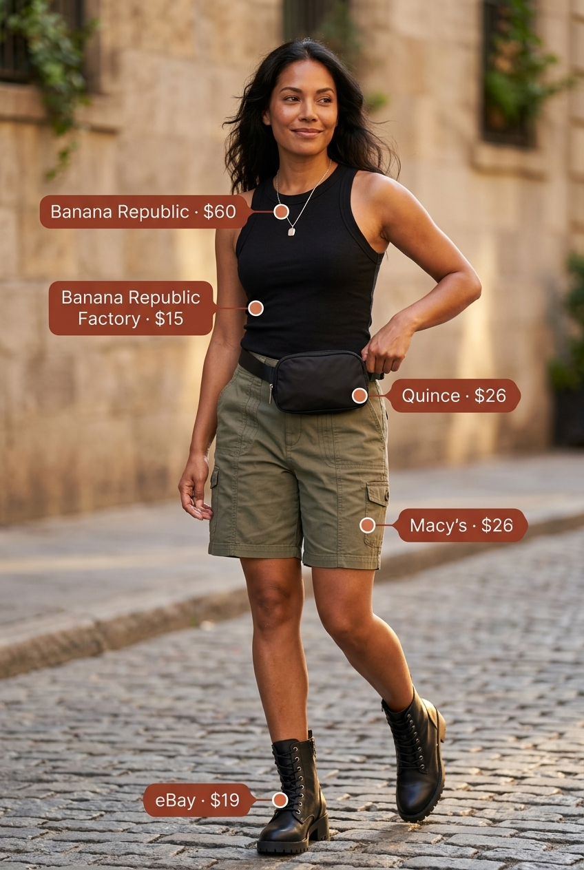 Edgy summer outfits with boots for women 2026: Olive green cargo shorts, black ribbed tank, and combat boots for city exploration.