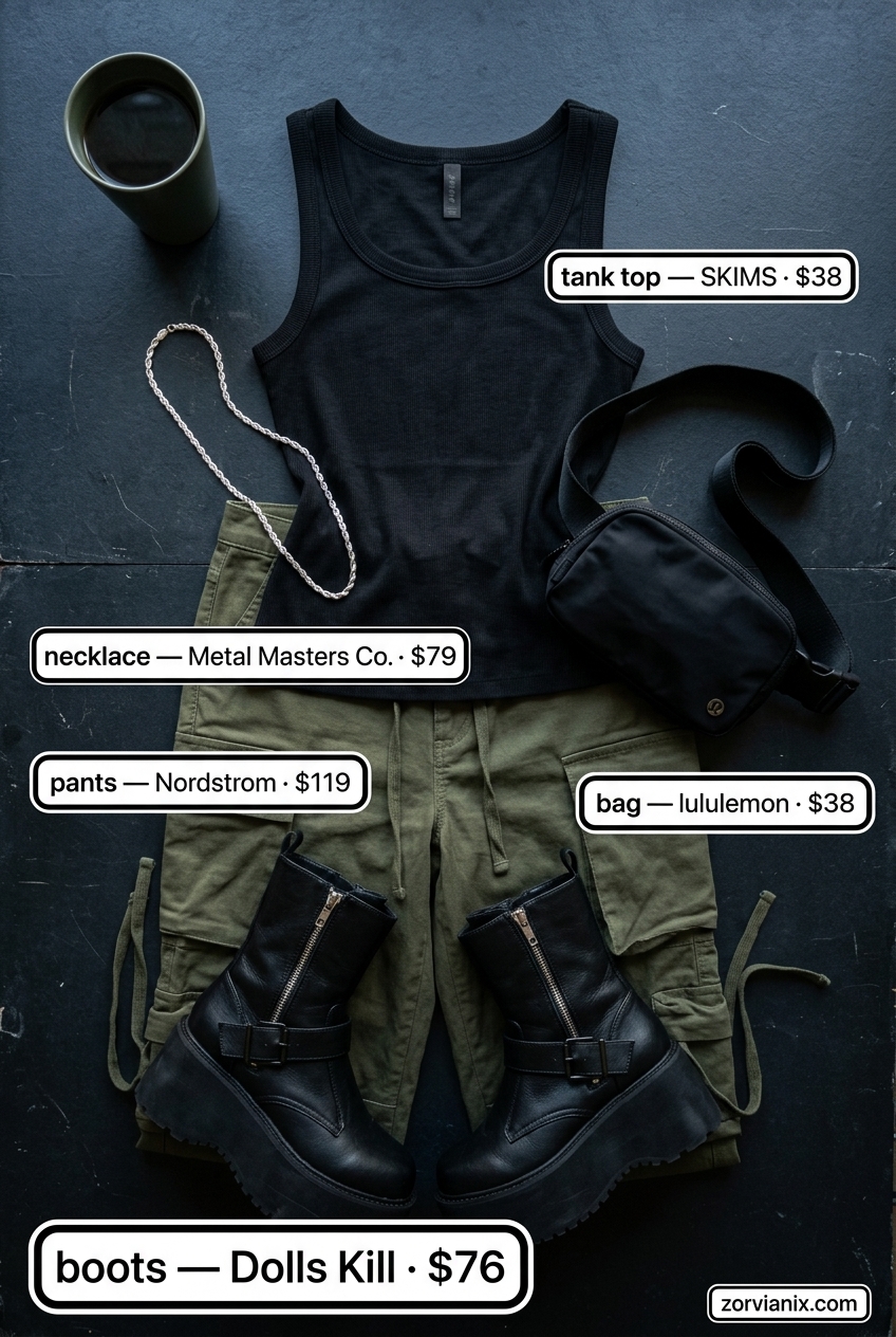 Summer outfits with boots for women 2026: Cargo pants, ribbed tank, and chunky combat boots for urban exploration.