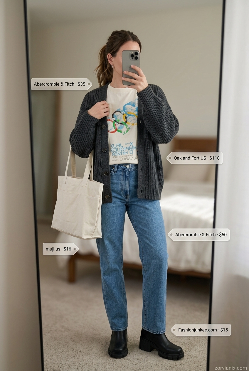 Casual summer outfits with boots for women 2026: Jeans, graphic tee, cardigan, and chunky boots for weekend errands.