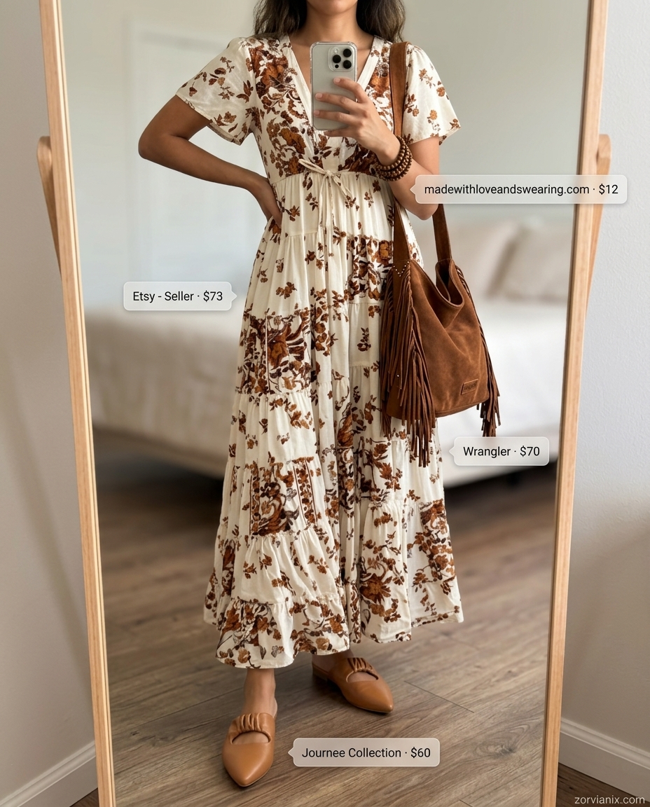 Boho maxi dress with versatile heels and suede bag for summer outfits with heels for women 2026.