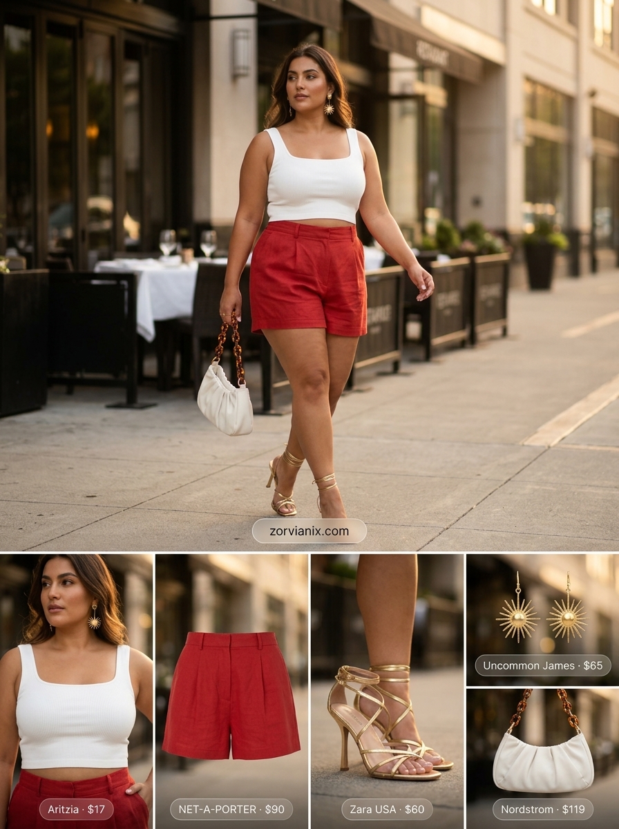 Bold summer outfits with heels for women 2026: Red tailored shorts, white crop top, gold strappy heels, statement earrings.