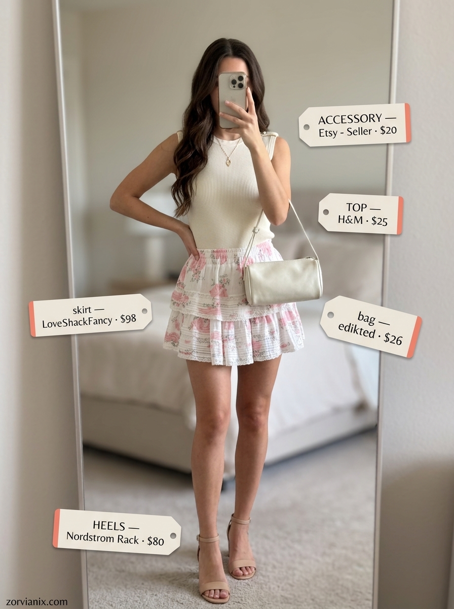 Floral mini skirt with heeled sandals for summer outfits with heels for women 2026.