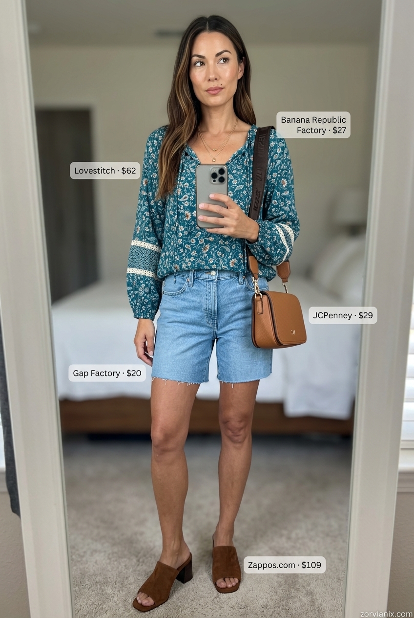 Casual summer outfits with heels for women 2026: Denim shorts, floral peasant blouse, heeled mules, crossbody bag.