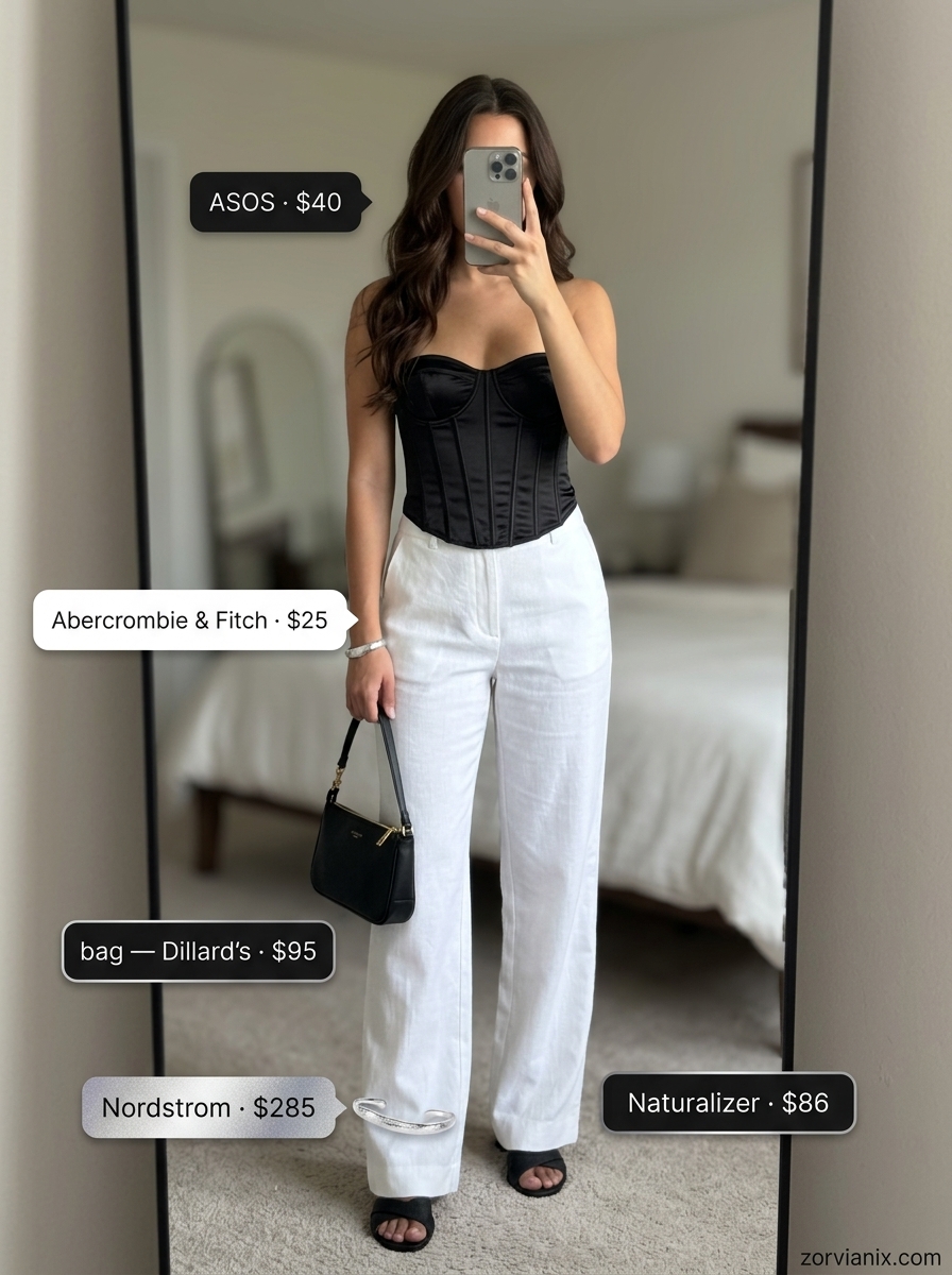 Chic summer outfits with heels for women 2026: White linen trousers, black corset top, silver jewelry for a night out.