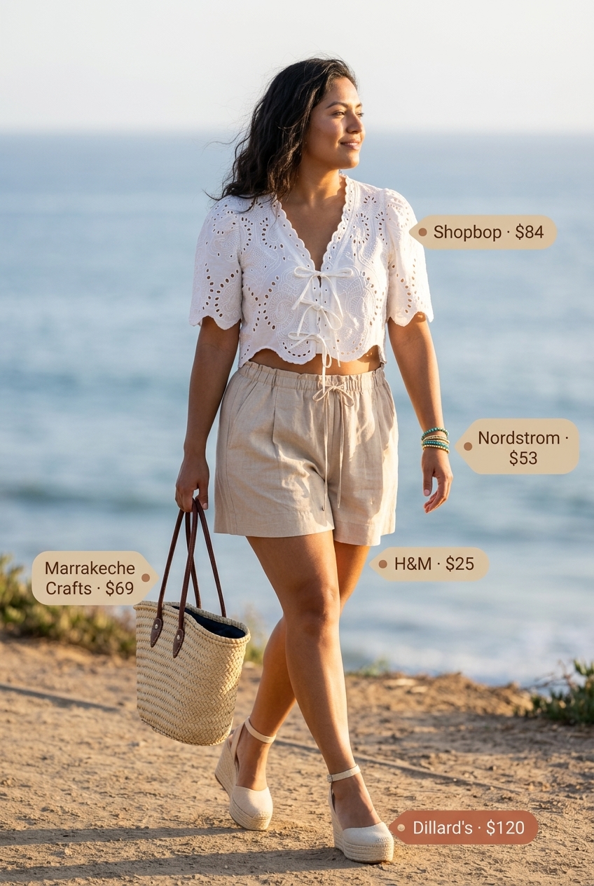 Relaxed summer outfits with heels for women 2026: Linen shorts, eyelet blouse, espadrille wedges & straw tote.