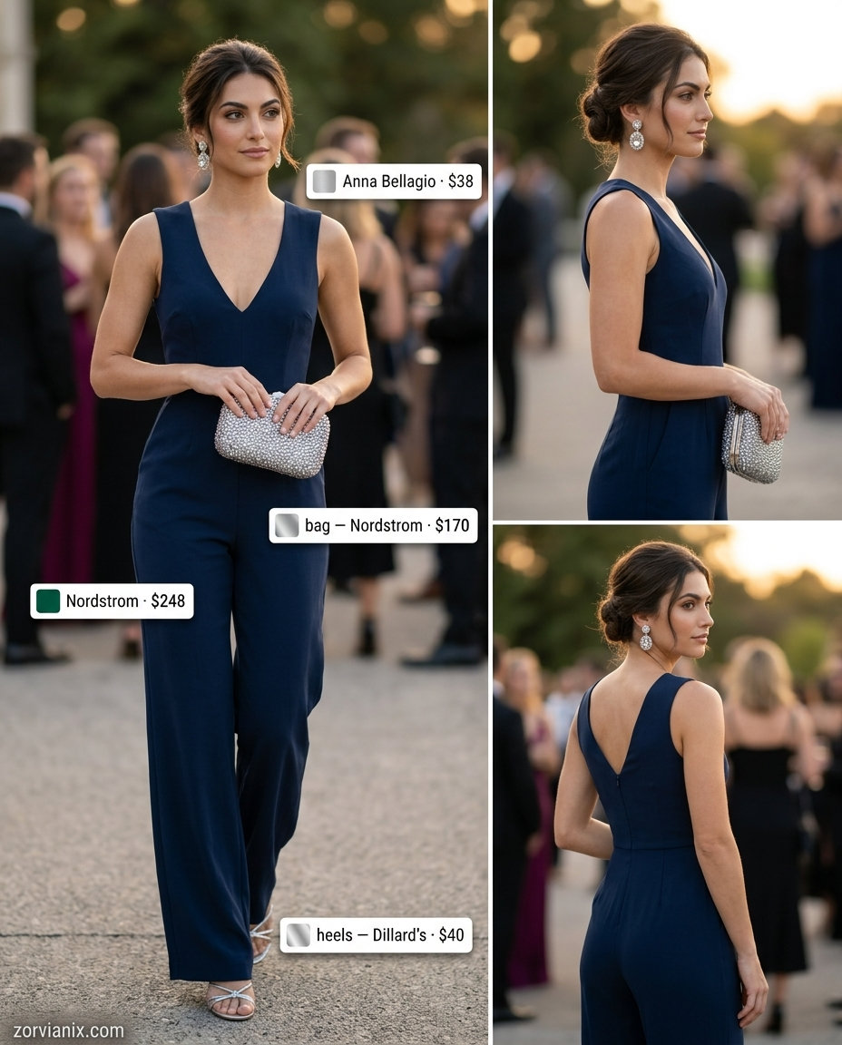 Elegant summer outfits with heels for women 2026: Navy jumpsuit, silver sandals & statement earrings.