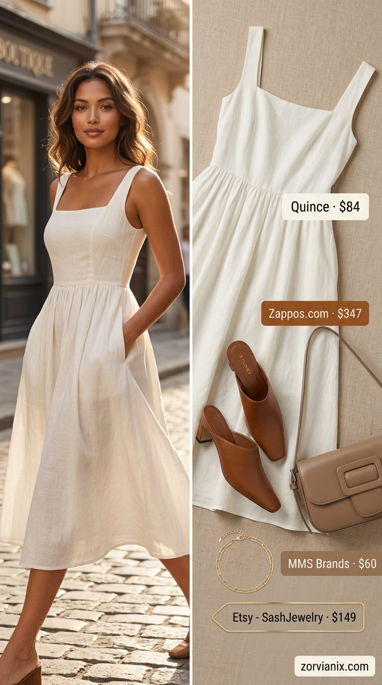 Cream linen midi dress with tan block heels and gold accessories for summer outfits with heels for women 2026.