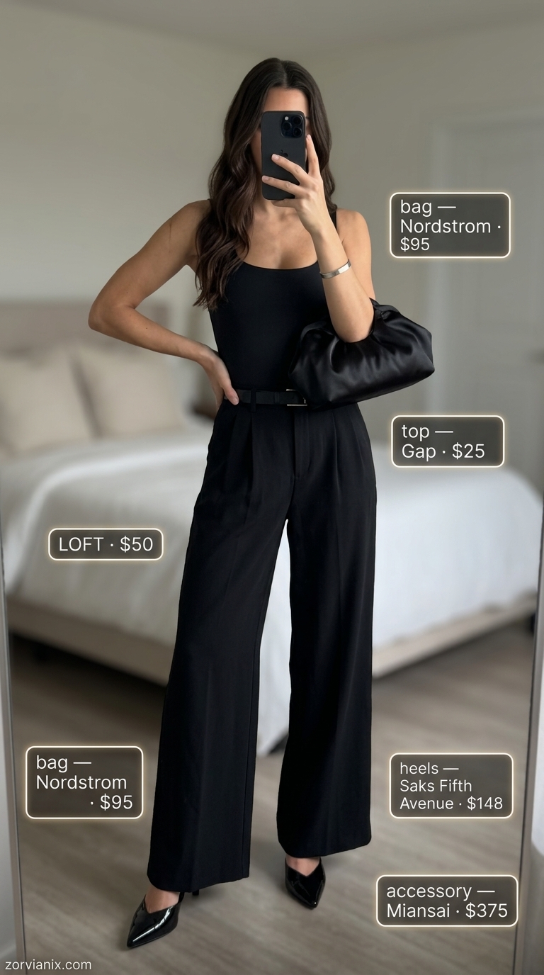 All black outfit with wide-leg pants and pointed heeled mules for summer outfits with heels for women 2026.
