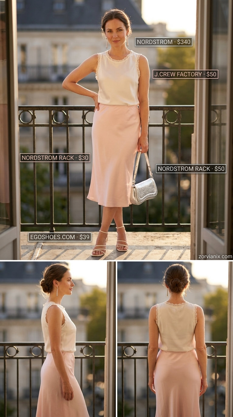 Blush pink slip skirt with white heeled mules for summer outfits with heels for women 2026.