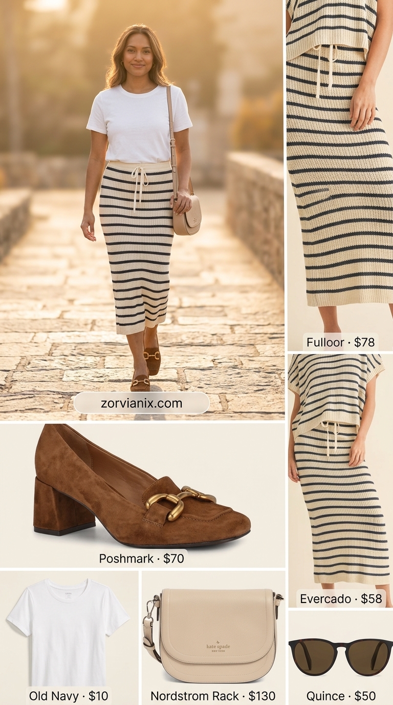Preppy summer outfits with heels for women 2026: Striped midi skirt, white tee, heeled loafers & saddle bag.