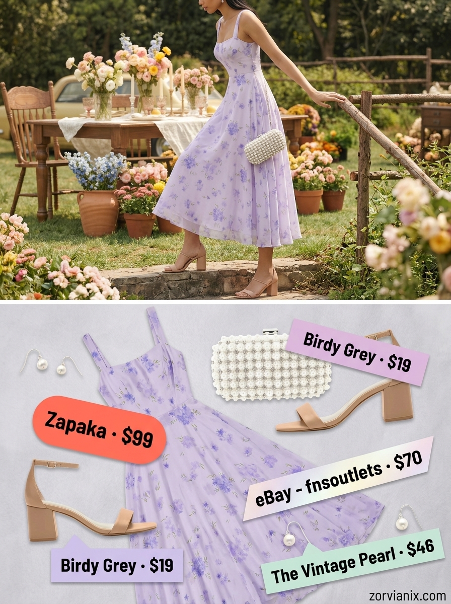 Elegant summer outfits with heels for women 2026: Floral midi dress, delicate earrings & pearl clutch.