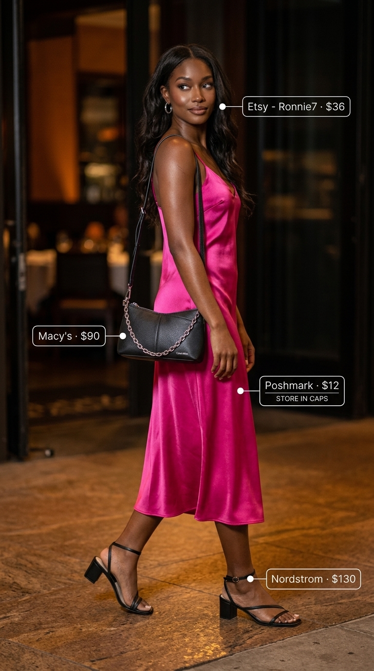 Sophisticated summer outfits with heels for women 2026: Fuchsia slip dress, strappy heels & silver hoops.