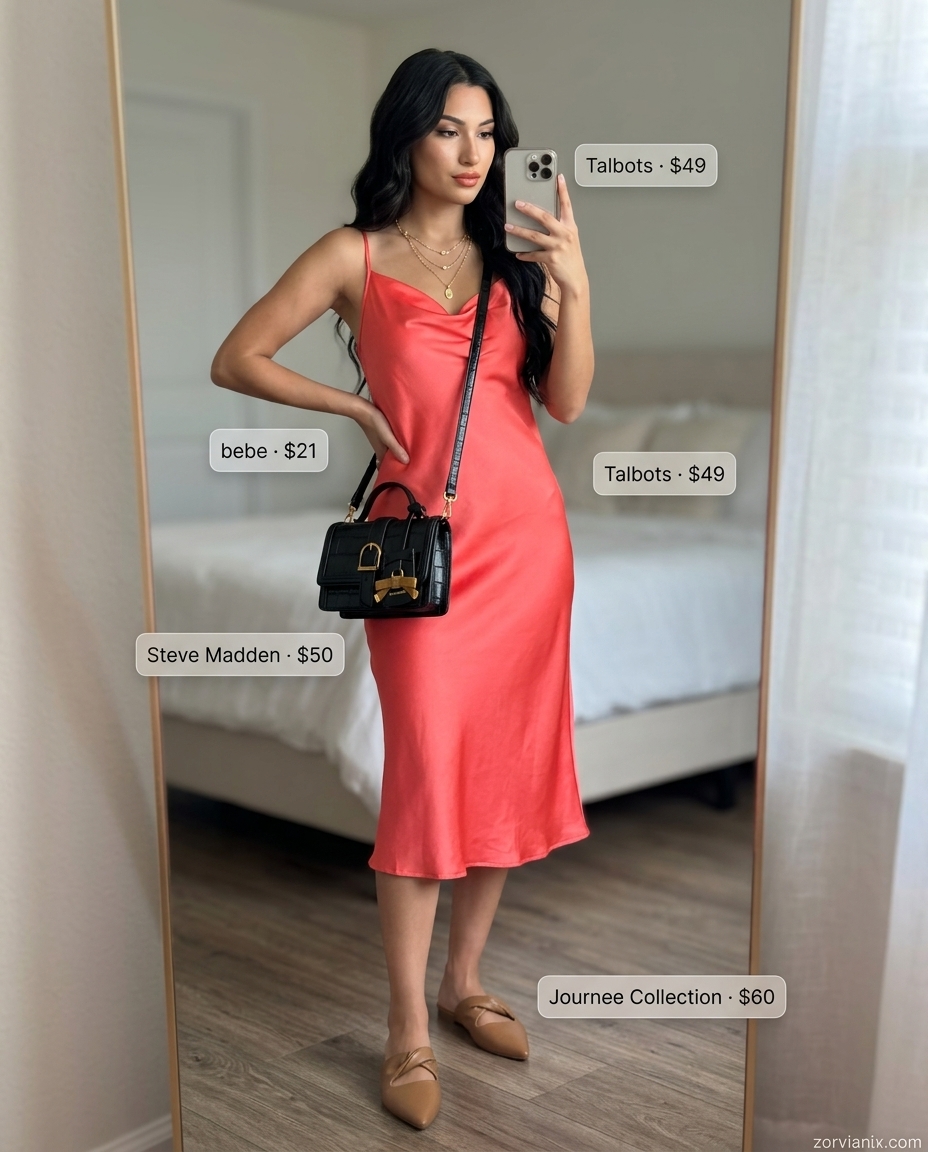 Vibrant summer outfits with heels for women 2026: Coral satin slip dress, black crossbody bag, gold necklaces.