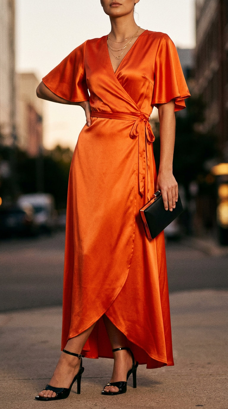 Orange satin wrap dress with black stiletto heels for summer outfits with heels for women 2026.