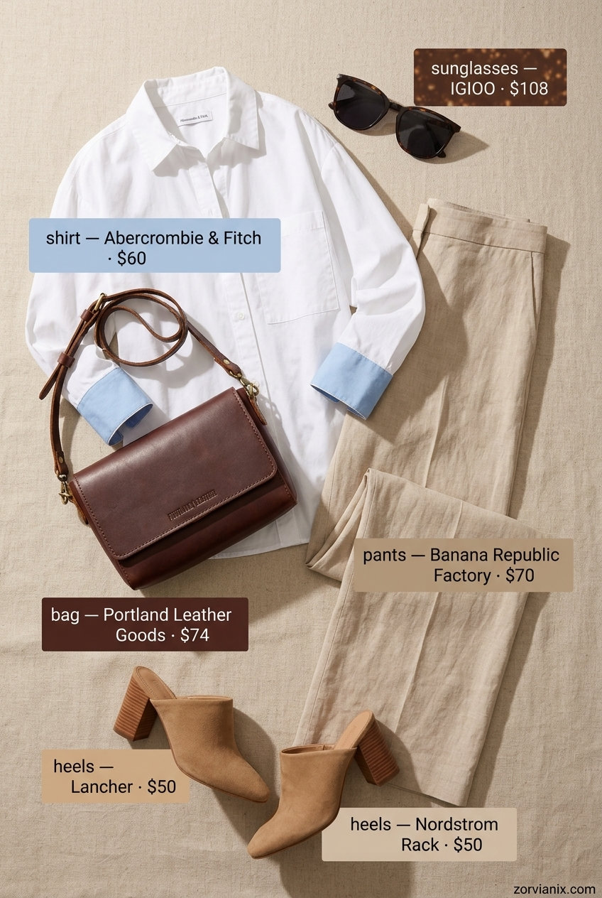 Beige linen trousers with block heel mules for summer outfits with heels for women 2026.