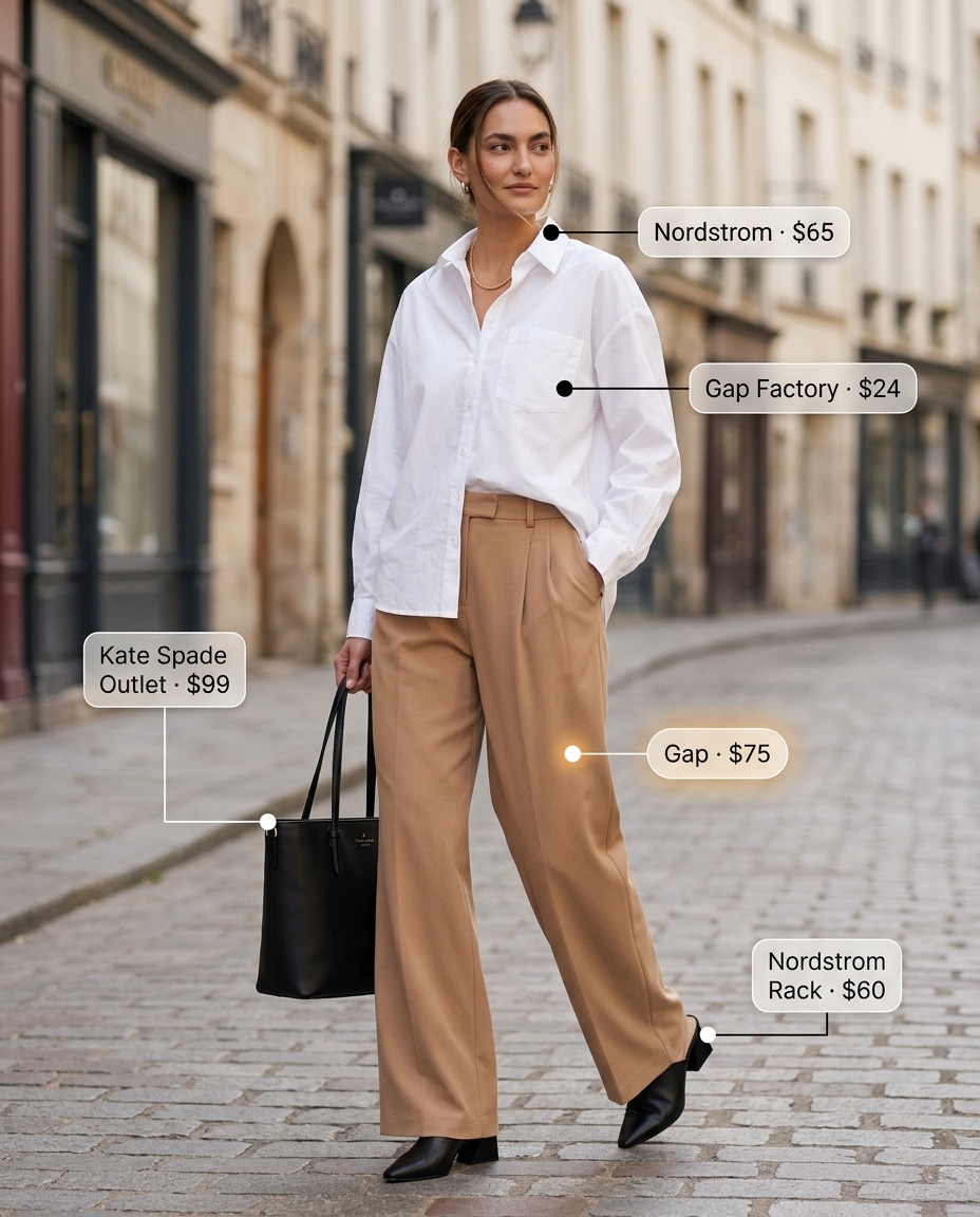 Smart casual summer outfits with heels for women 2026: Camel wide-leg pants, white shirt, black mules & gold necklace.