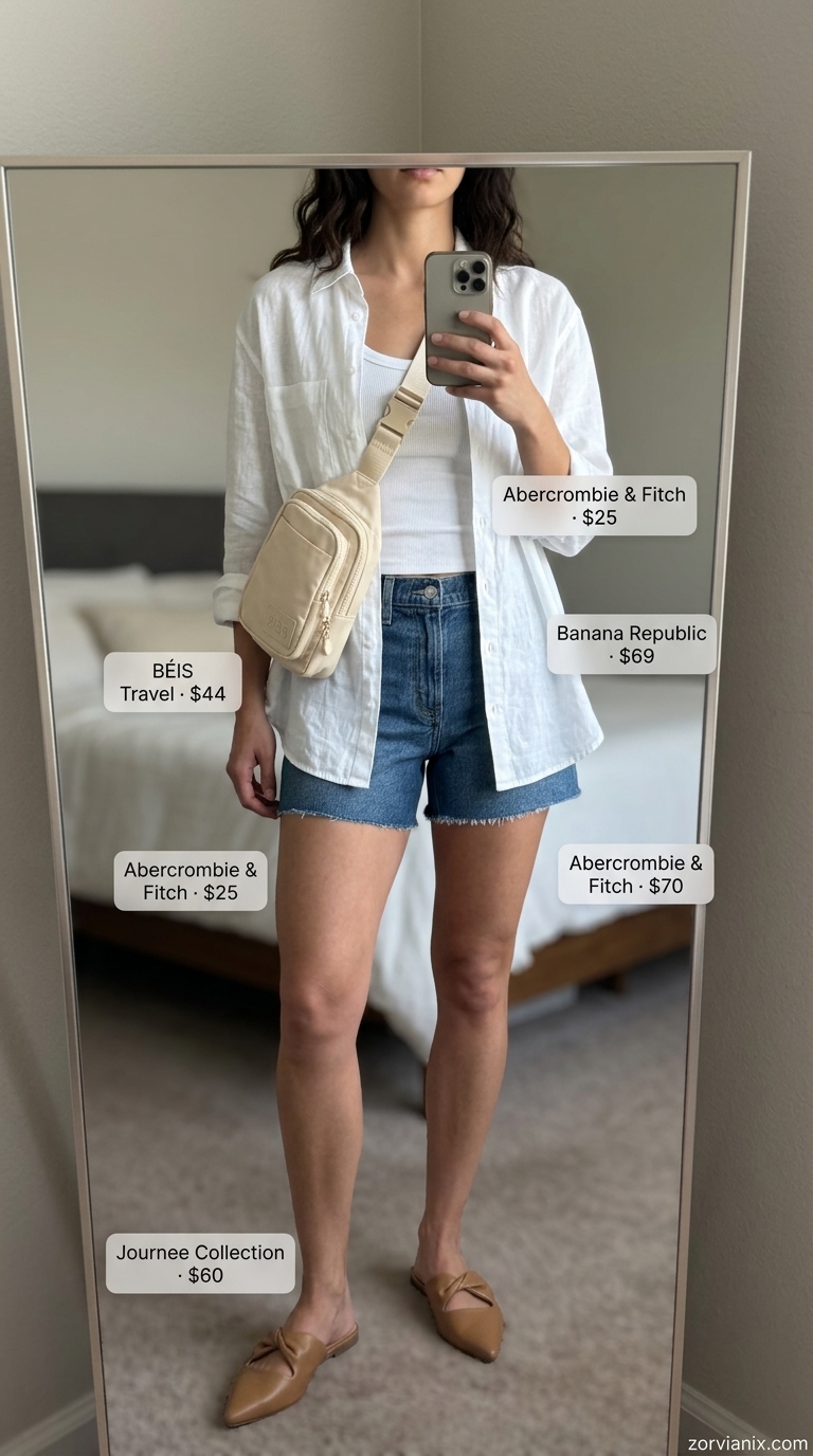 Casual summer outfits with heels for women 2026: Denim shorts, white tank, oversized linen shirt, crossbody bag.
