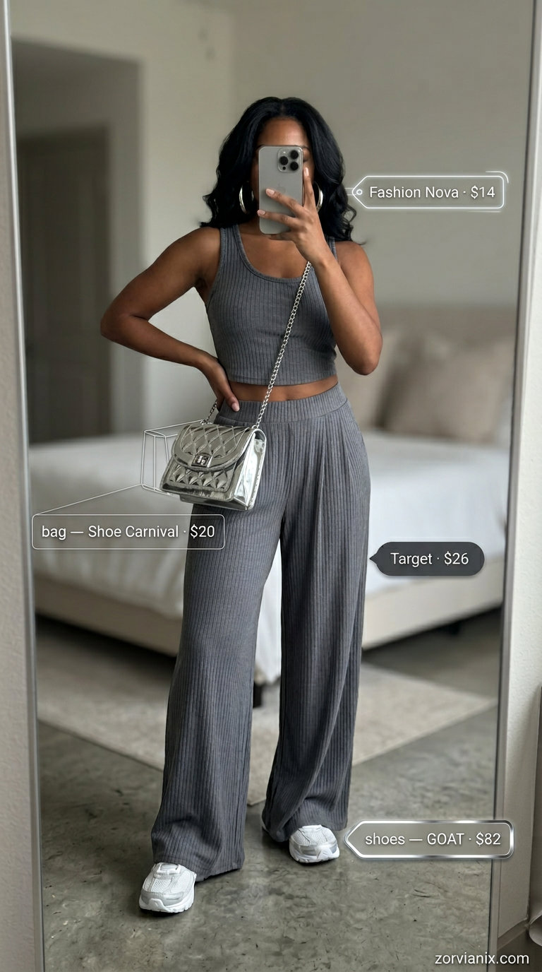 Athleisure summer outfits with sneakers for women 2026: Grey jogger set, silver hoops, crossbody bag, and white sneakers.